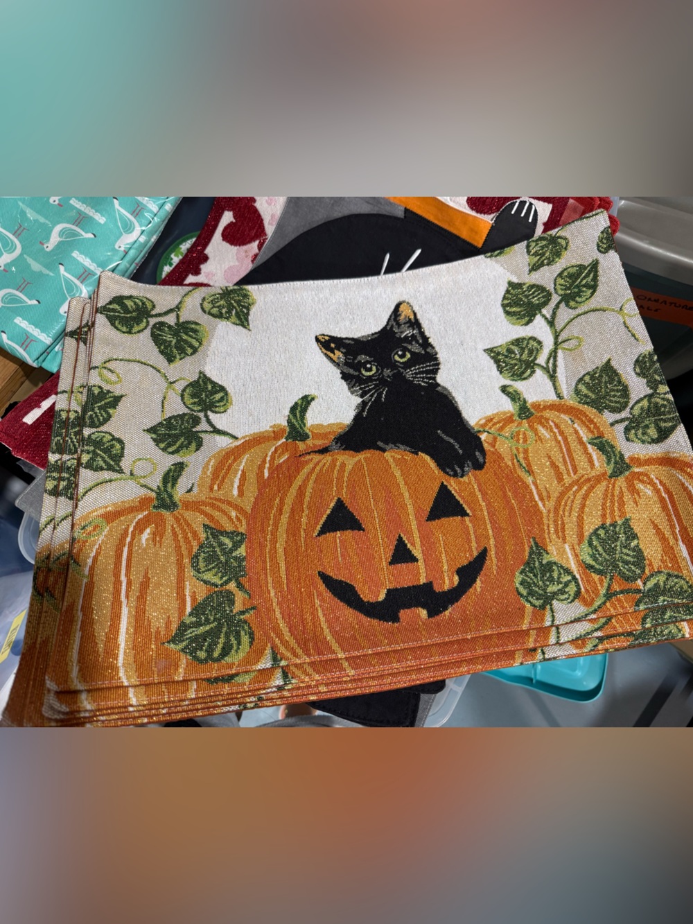 Set of Black Cat Halloween Placemats & Table Runner